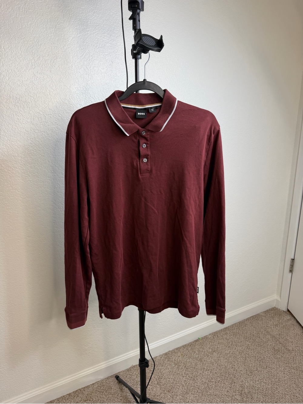 Boss Long-Sleeve Polo in Burgundy with White Collar Trim